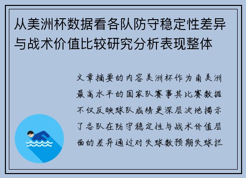 从美洲杯数据看各队防守稳定性差异与战术价值比较研究分析表现整体 从美洲杯数据看各队防守稳定性差异与战术价值比较研究分析表现整体